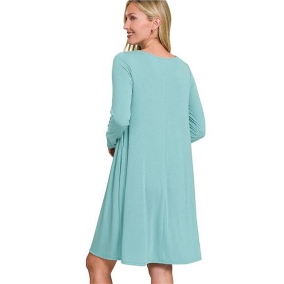 Zenana Long Sleeve‎ Flare Dress With Pockets - Picture 3 of 3